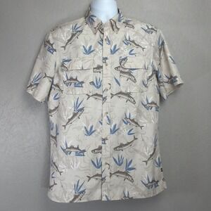 Chaps Shirt Mens M Tan Blue Button Up Short Sleeve Pockets Casual Fishing Travel